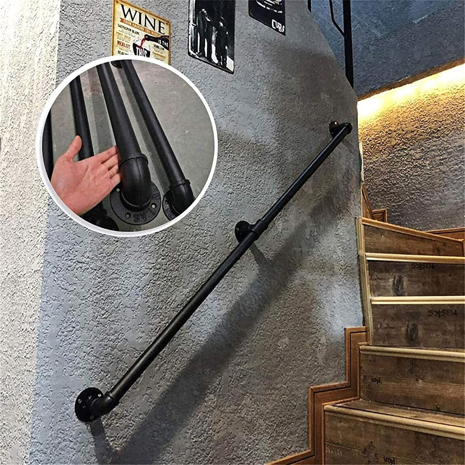 Industrial Pipe Handrail Kit 1ft-20ft, Metal Staircase Handrail Iron Pipe Baluster Stair Hand Railing for Indoor & Outdoor Wall Mount Support, Stairs Porch Deck Hand Rail, Round Corner (Size : 12ft/3