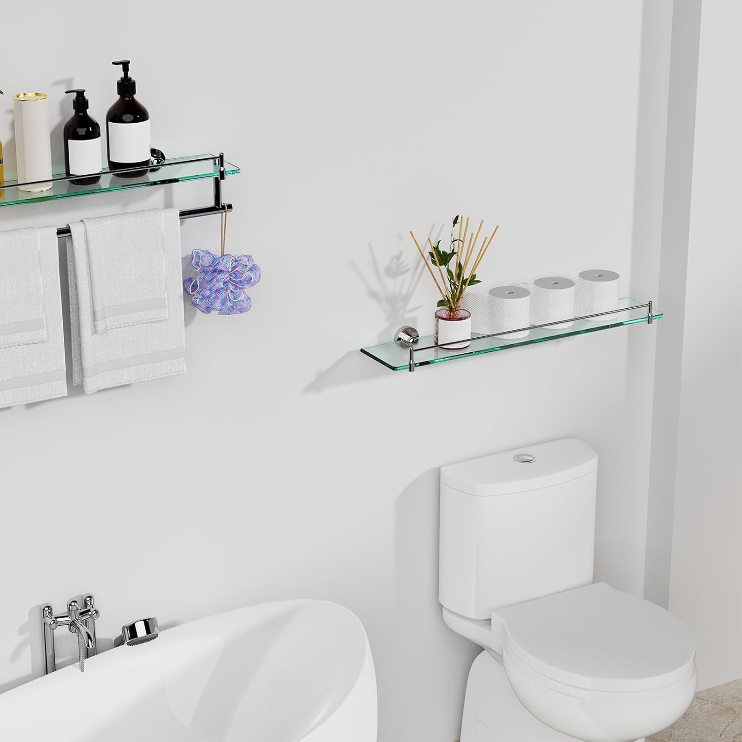 Glass Shelf for Bathroom 2 Pack,24-Inches Floating Glass Shelves Towel Bar/Track(Chrome Polished)