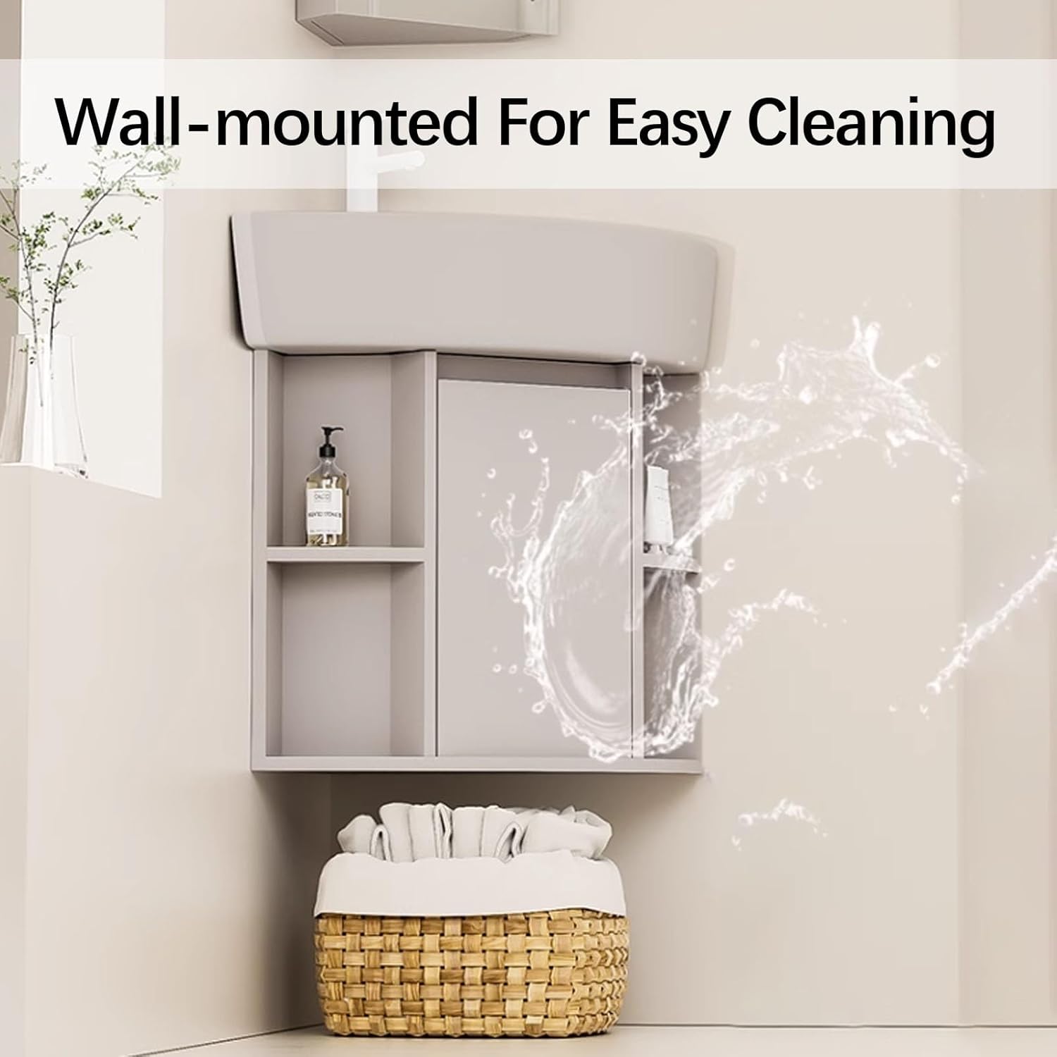 Wall Mount Corner Bathroom Sink,Corner Balcony Sink With Storage,Container Triangle Ceramic Wall Mount Sink with Storage Space, Corner Vanity for Small Space(19in/48cm)