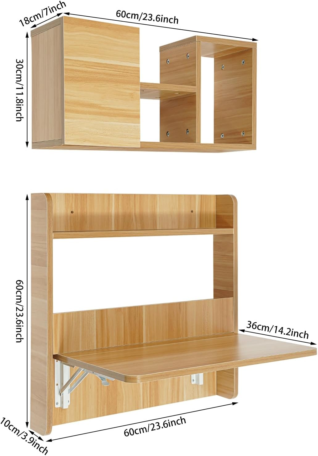Wall Mounted Desk & Bookshelf, Folding Space Saving Wall Mounted Table with Storage Compart Space, Fold Down Laptop Desk for Home Office (Light Walnut Color)