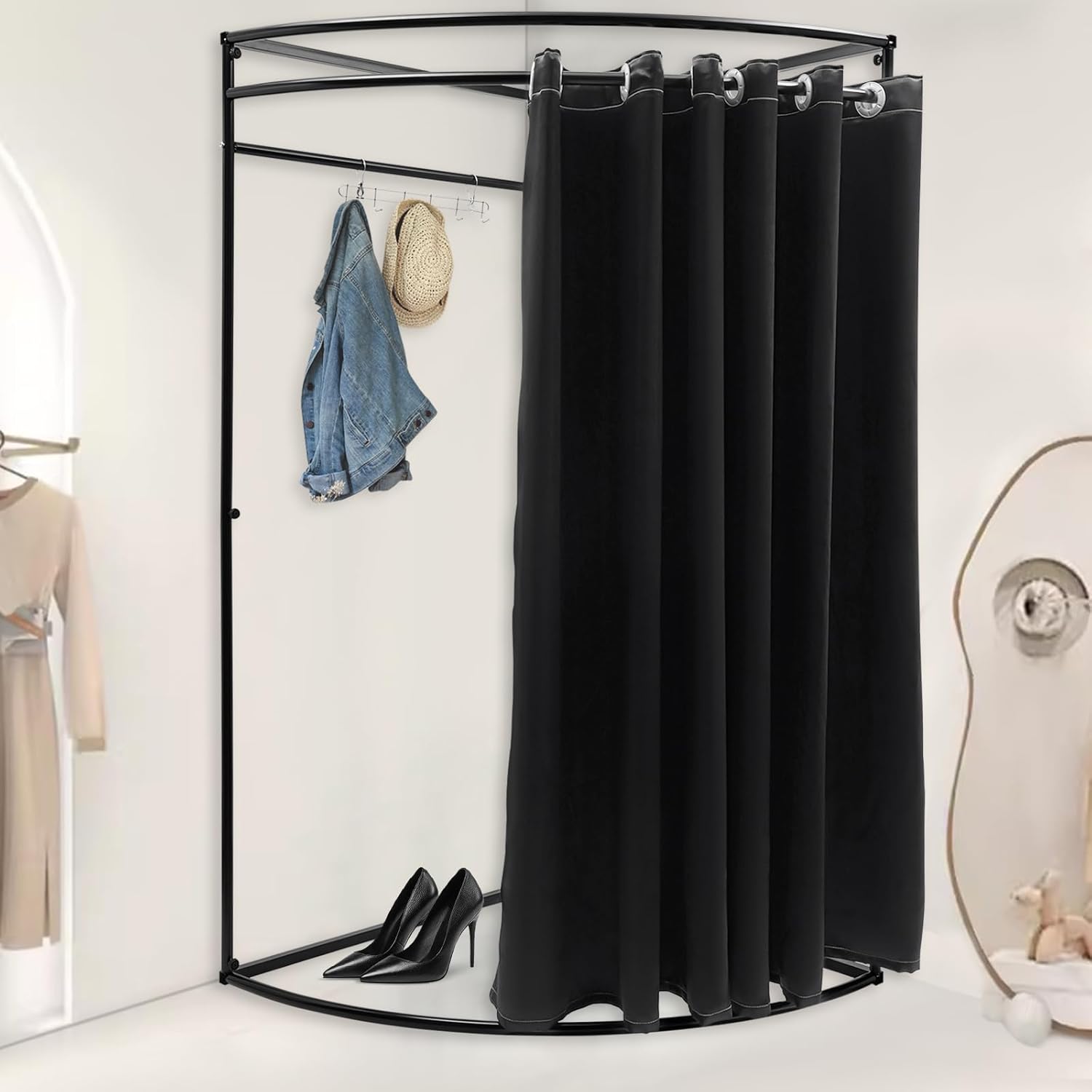 Clothing Store Fitting Room with Shading Curtain, C-Shaped Wall Corner Changing Room for Boutique Mall Office, Portable Temporary Mobile Privacy Protection Dressing Room Divider for Outdoor (Black)