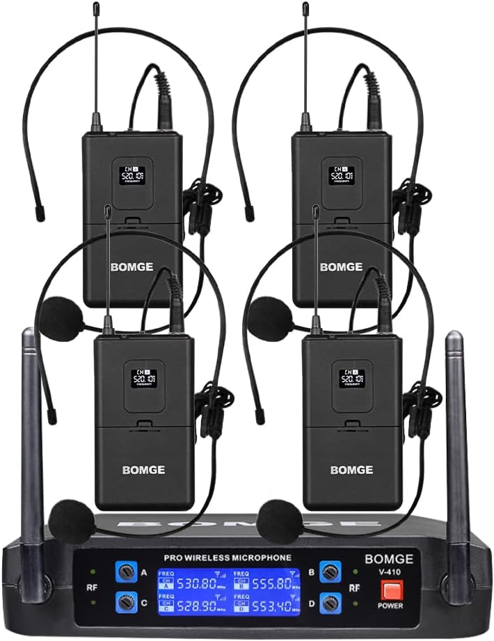 BOMGE Wireless Microphone System, Pro 4-Channel Cordless Mic Set with Four Handheld Mics, Fixed Frequency, Long Range 200ft, Ideal for Church,Karaoke, Events (V410B)