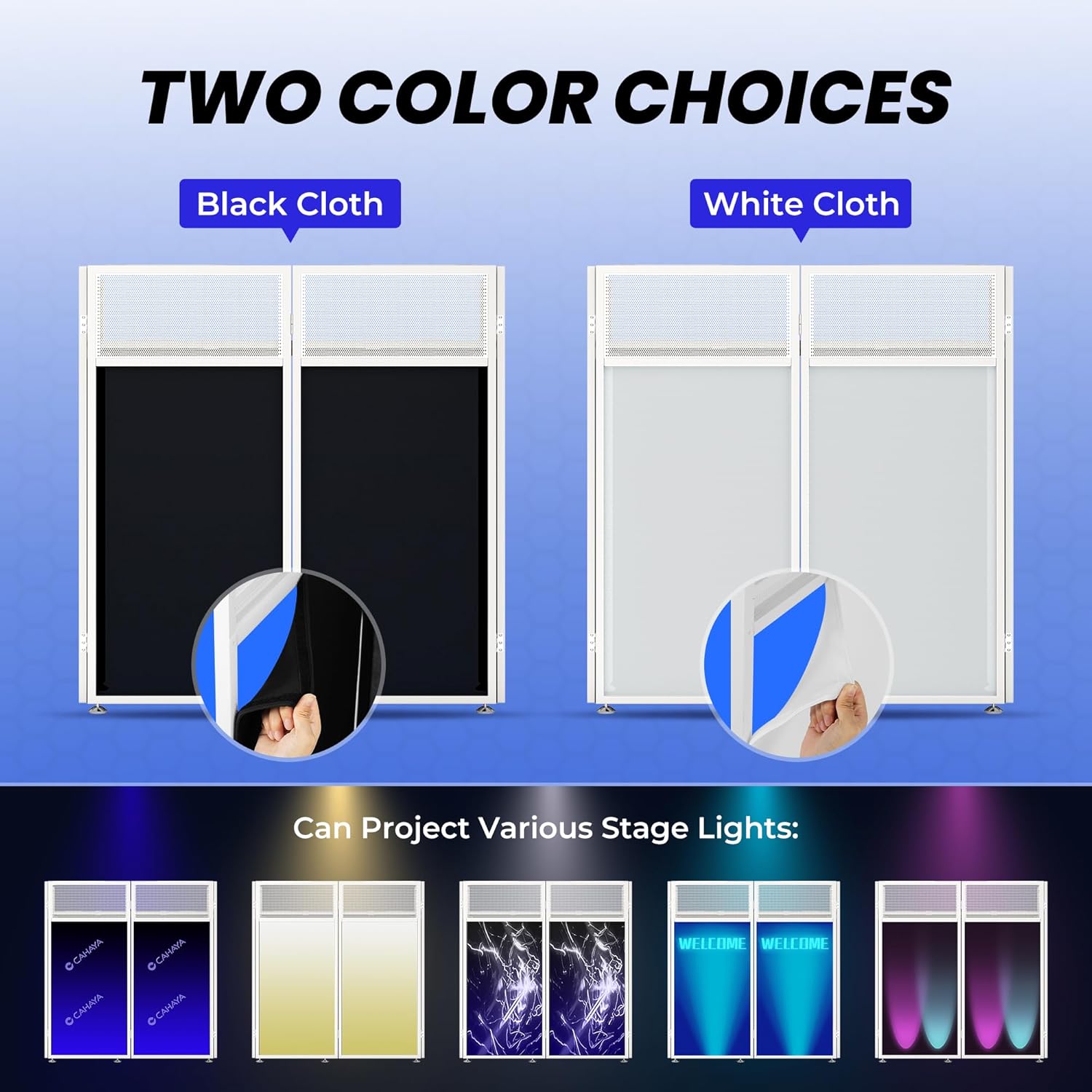 CAHAYA DJ Booth Stand Portable - DJ Table Facade with Black & White Scrims DJ Stand Foldable for Laptop & Controller Double Top Corners, Storage Bag, Cable Holes, 40