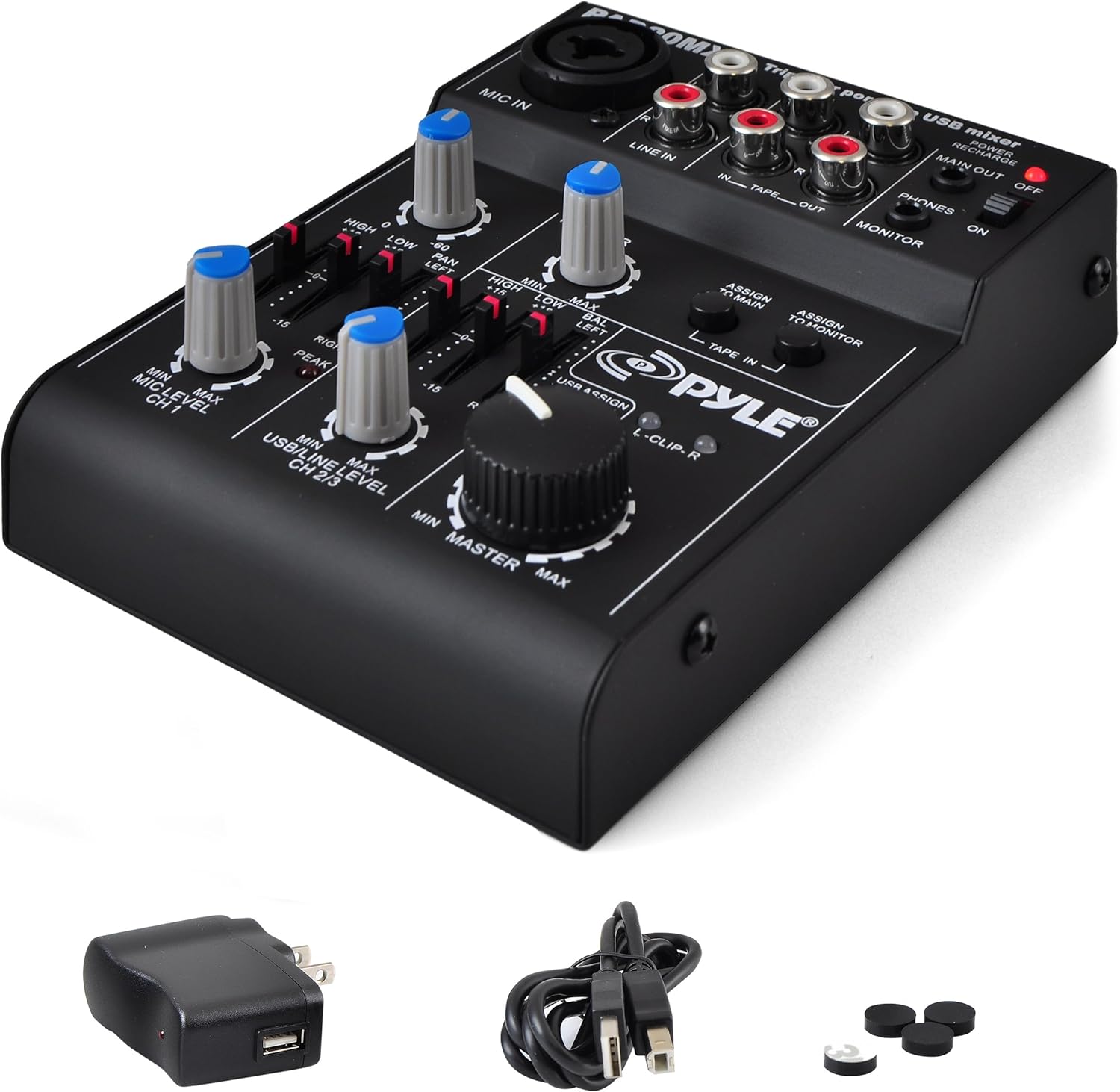 Pyle 5-Channel Rechargeable Mini Portable Audio Mixer – Compact Music Mixer DJ Controller with USB Interface, Slider EQ Controls, XLR Combo Mic Input, Rechargeable Battery, USB/Line/Master Controls