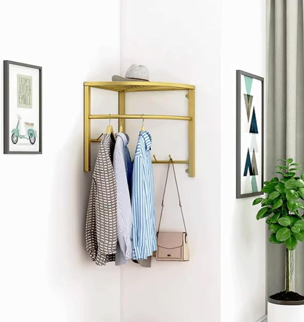 NOLLAM Coat Hooks Corner Coat Rack Wall Mount with Shelf Entryway Floating Metal Shelf w/6 Hooks Modern Wall Shelf Coat Hanger for Kitchen Bathroom Mudroom, White