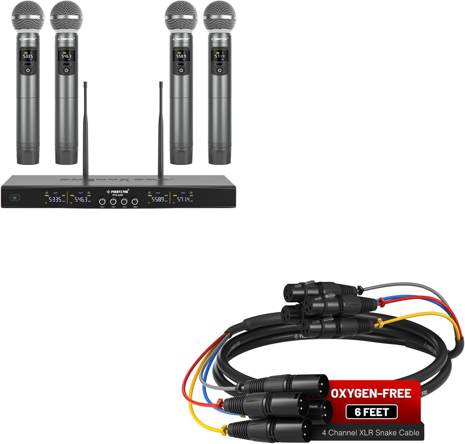 Phenyx Pro UHF Wireless Handheld Microphone System PTU-5200-4H Bundle with 6Ft XLR Snake Cable