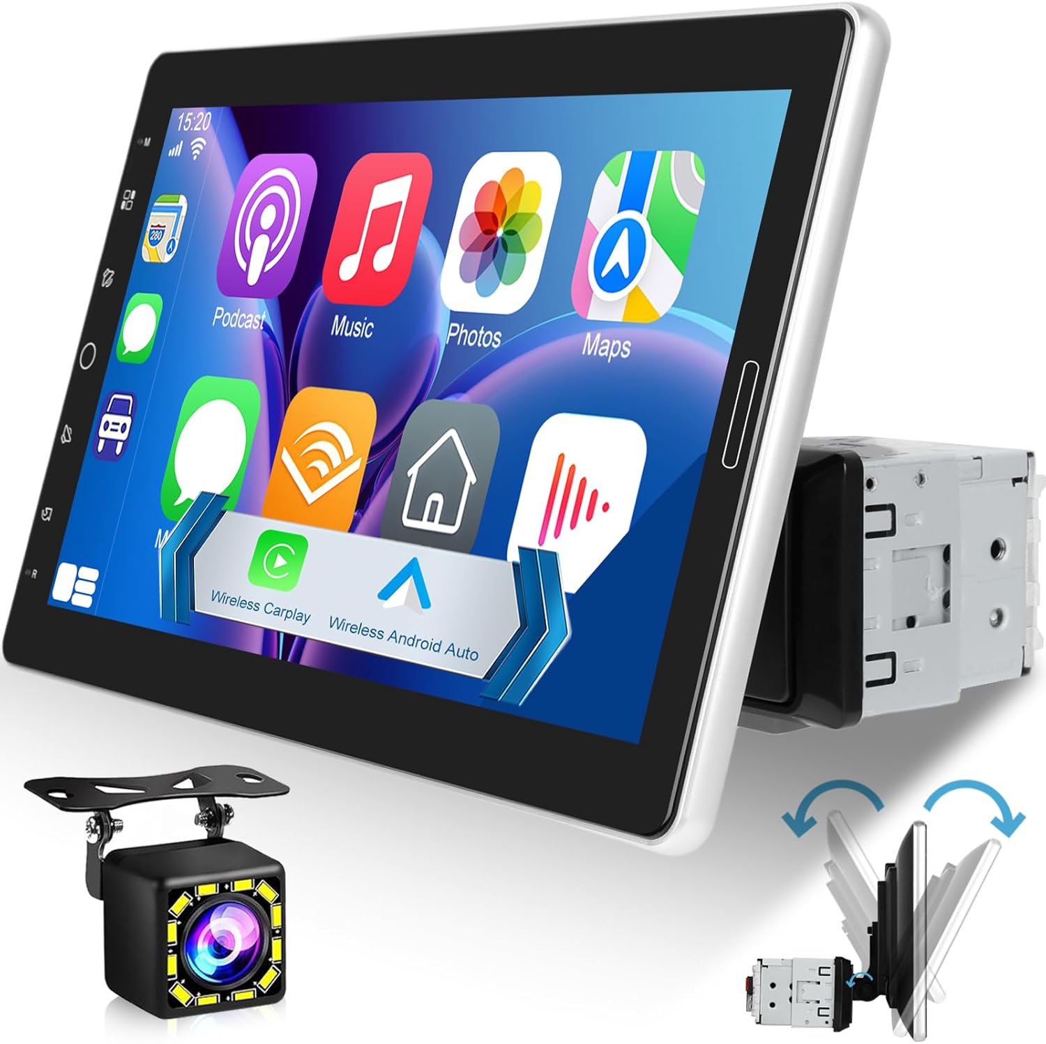 10.1 Inch HD Car Radio with Wired Carplay and Android Auto - Single Din Detachable Touchscreen Radio with Wired Mirror Link/FM Radio/AUX-in/SWC + 12 LED Rear View Camera & MIC