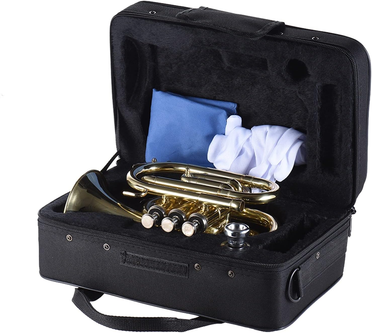 Standard Trumpet Set Mini Pocket Trumpet Bb Flat Brass Wind Instrument with Mouthpiece Gloves Cleaning Cloth Carrying Case