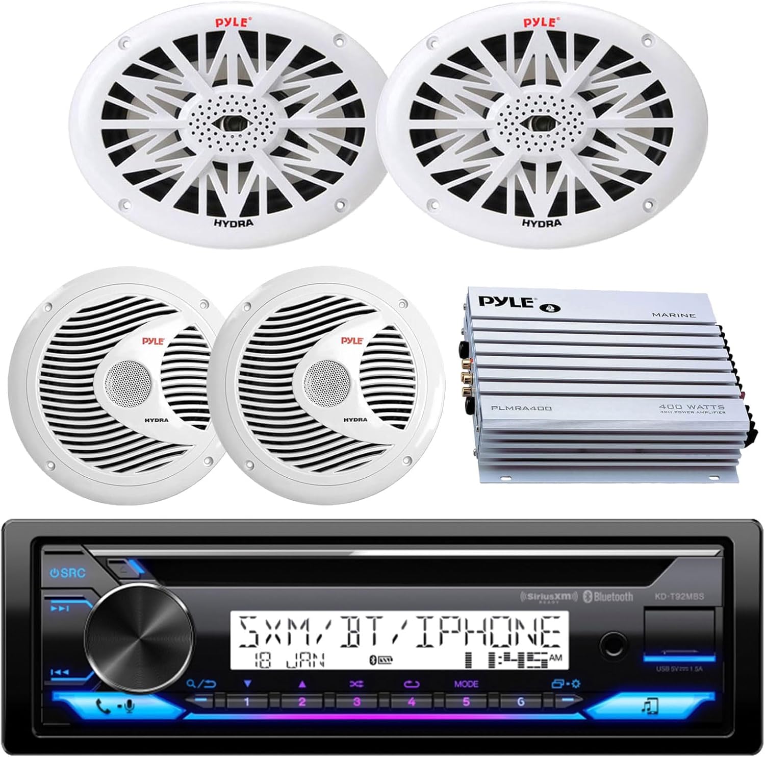 Single DIN Marine Bluetooth USB AUX AM/FM CD Stereo Receiver, 6.5'' 150 Watt Max 2 Way White Boat Speakers (Pair), 6x9