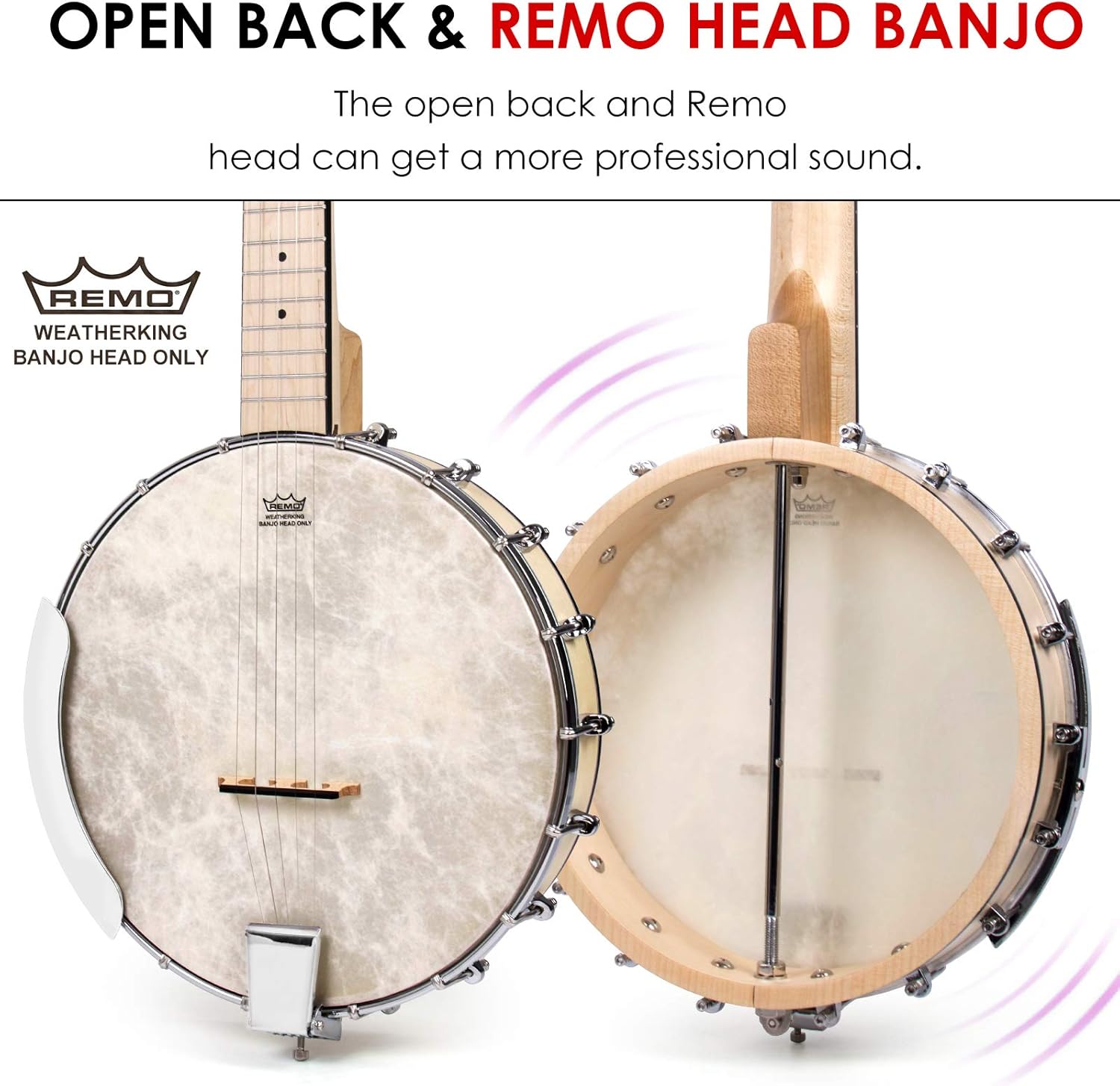 AKLOT 5 String Banjos Full Size Open Back Banjo Adjustable Maple Body Remo Head with 2 Tuning Wrench, 4 Picks, Strings, Tuner, Strap Ruler, Cleaning Cloth, Gig Bag for New Beginner Professional