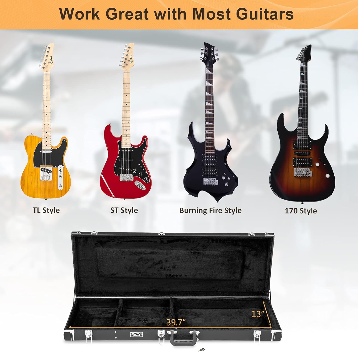 Glarry ST Deluxe Electric Guitar Hard Shell Case Portable Square Guitar Case Microgroove Flat With Extra Neck & Bridge Padding (Black)