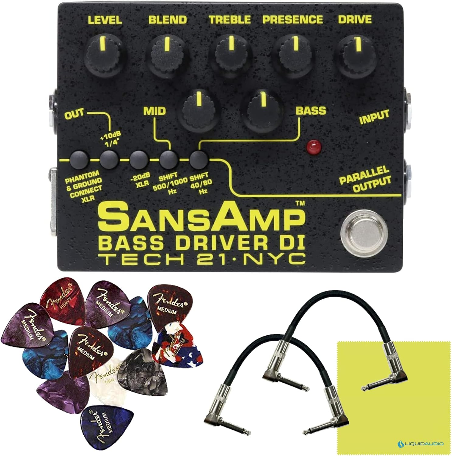 Tech 21 SansAmp Bass Driver DI V2 Pedal Bundle - DI Box, XLR Output, Bass Guitar Kit, Driver Pedal, Patch Cables, Picks, Polishing Cloth