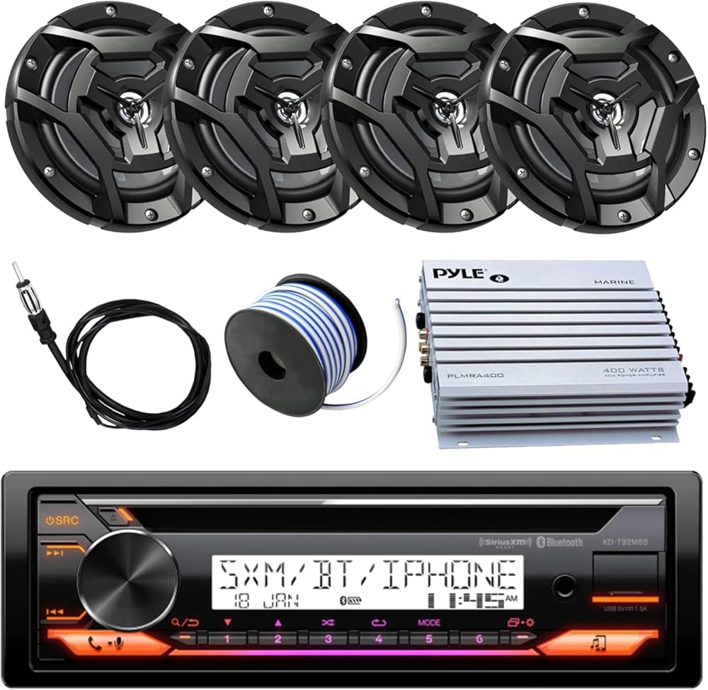 Single DIN Marine Bluetooth AM/FM USB AUX CD Player Stereo Receiver with (Qty 4) 6.5