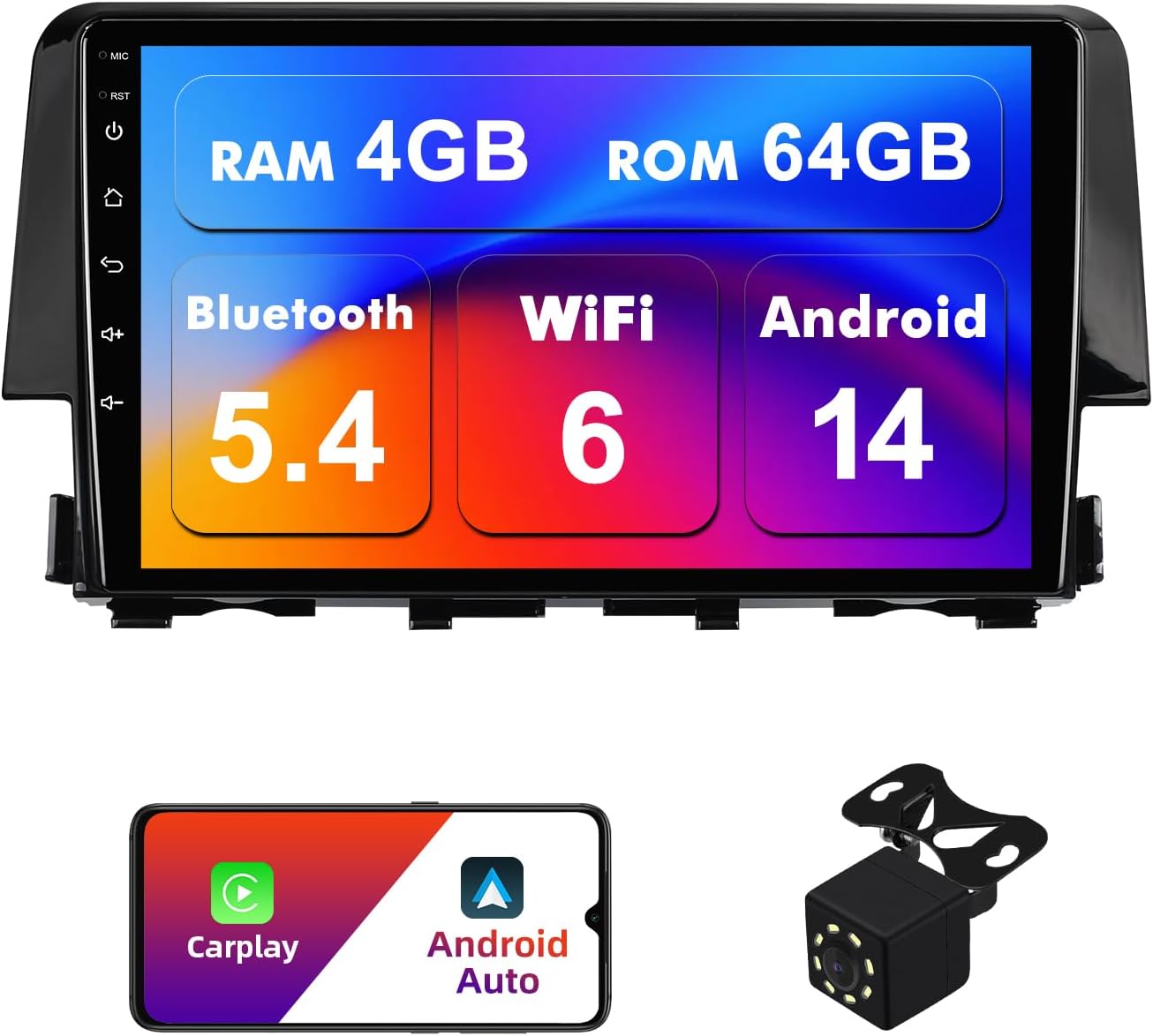 4+64G Android 14 Double Din Car Stereo for Honda Civic 2016-2020 with 9 Inch Touchscreen Radio Built-in Wireless Carplay/Android Auto/GPS/Bluetooth/FM/AUX-in/SWC/Backup Camera