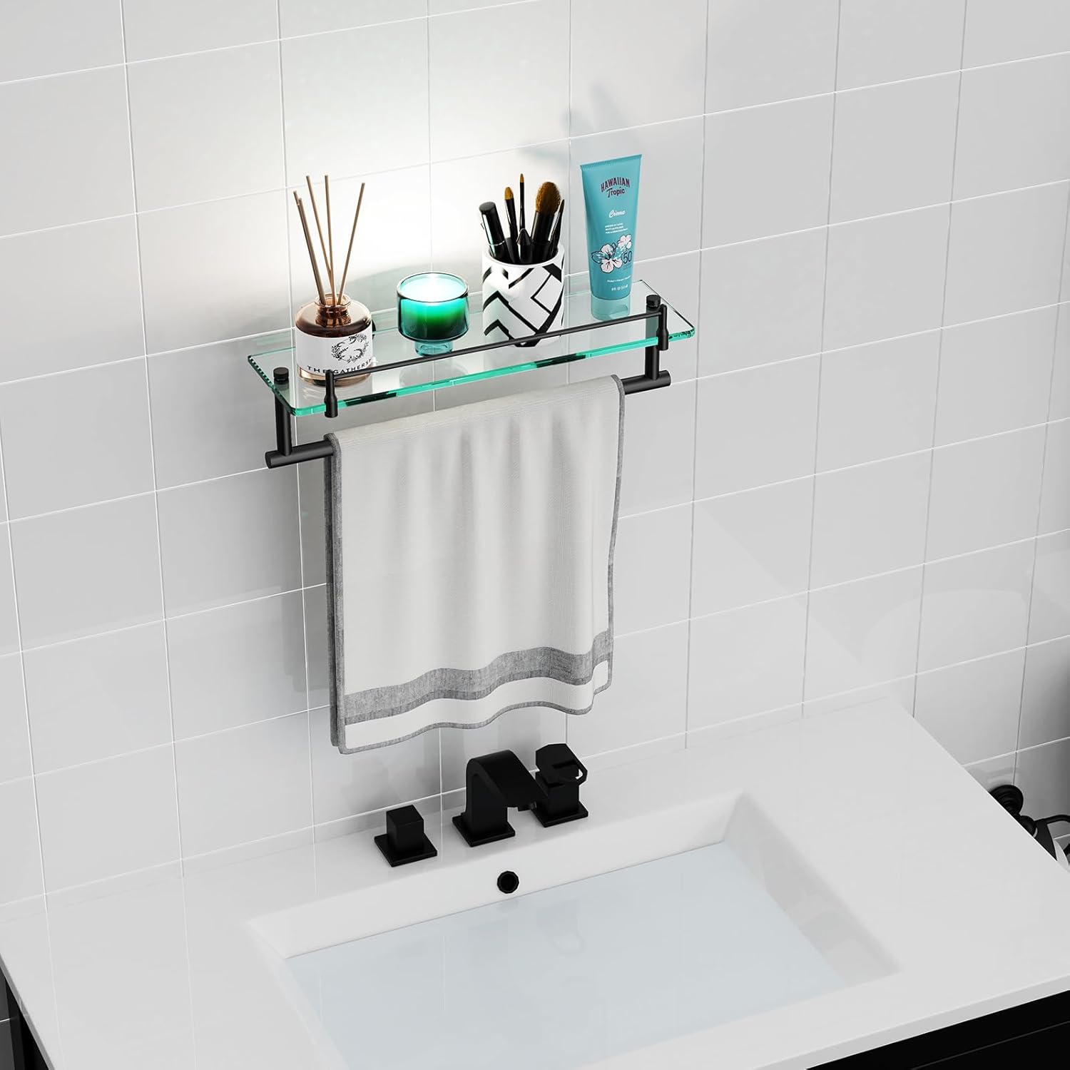 Bathroom Shelf Glass Shelf 2 Pack,16-Inches Floating Glass Shelves Towel Bar/Track(Matte Black)