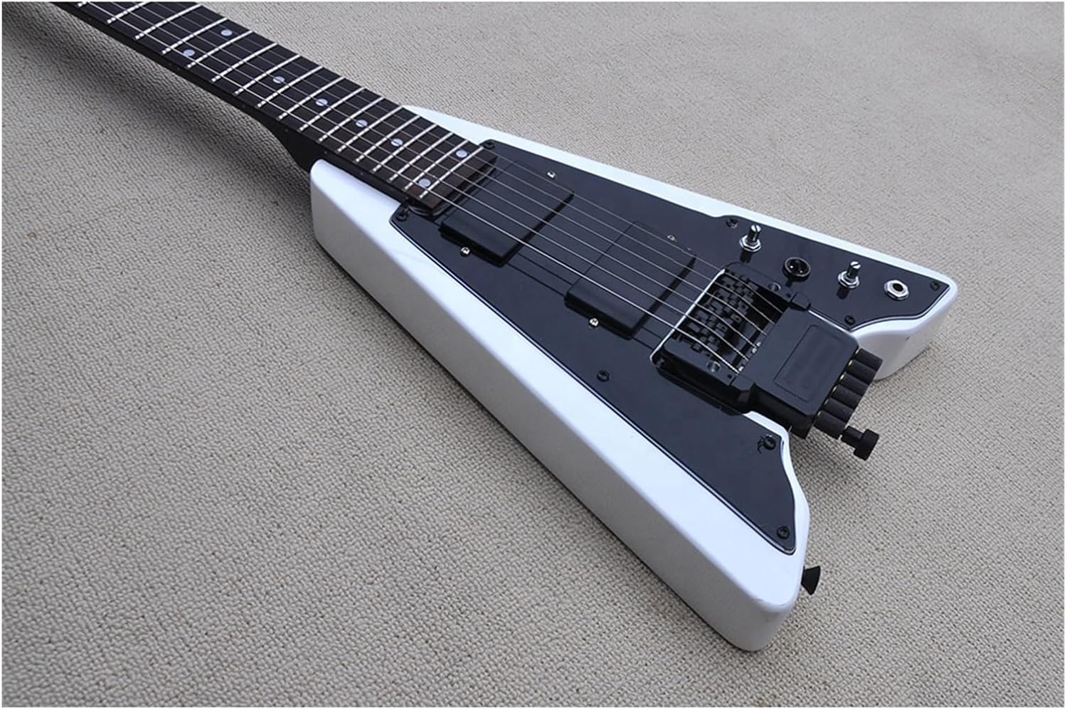 VENEKA Headless Electric Guitar White Headless Electric Guitar with Black Pickguard Rosewood Fretboard 24 Frets