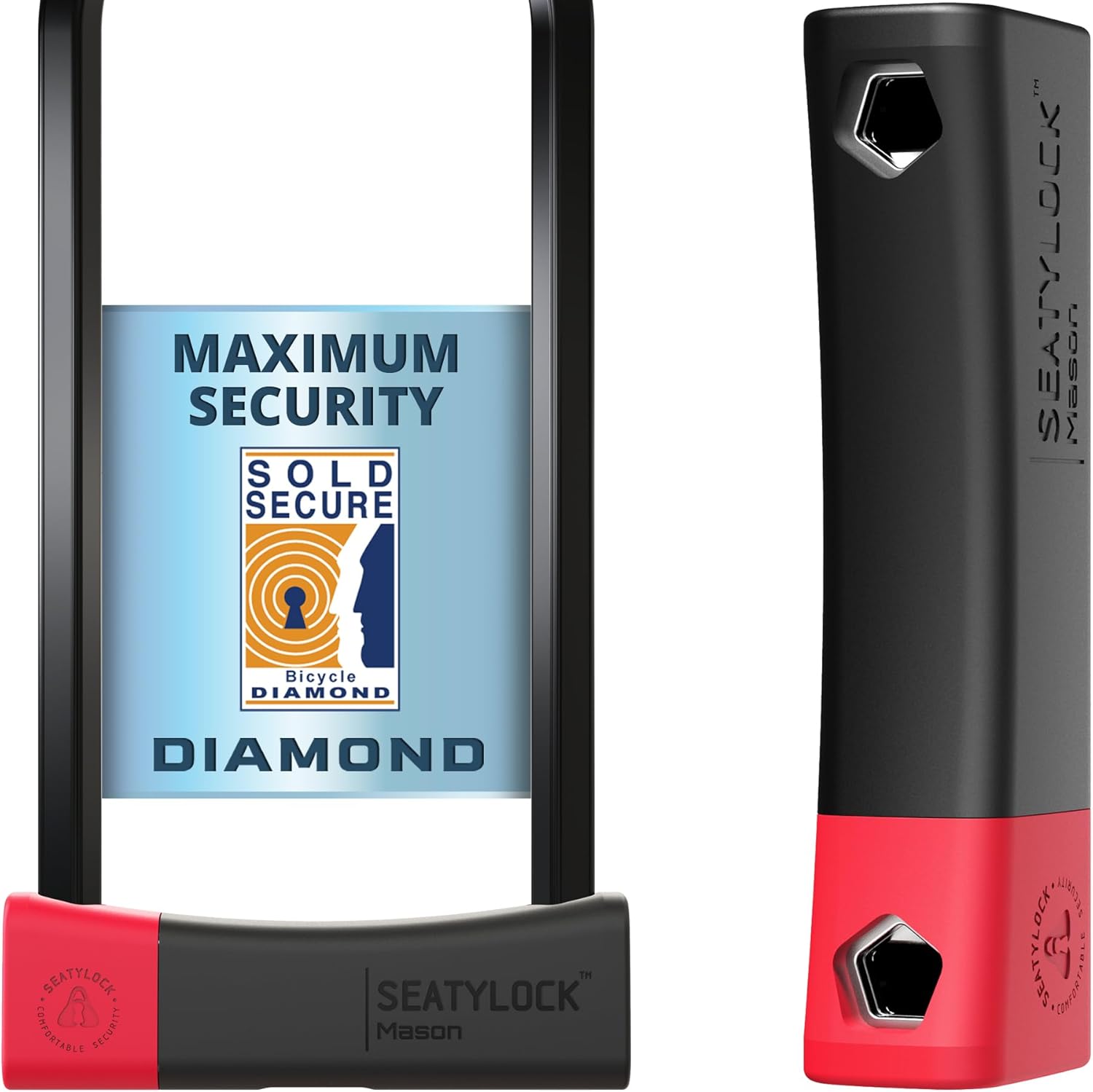 Seatylock Mason Bike U Lock - Patented Heavy Duty Anti Theft Diamond Secure ULock - Ultra Security Bicycle Safety Tool with Keys for City Electric or Mountain Bikes and Scooters
