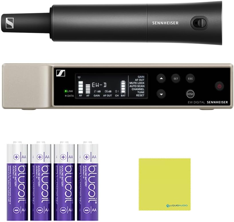 Sennheiser Wireless Handheld Base System Bundle with 4 AA Batteries & Cloth EW-D SKM-S (R4-9) Digital Wireless System with Handheld Transmitter, Receiver, Rack Kit & Accessories (552-608MHz)