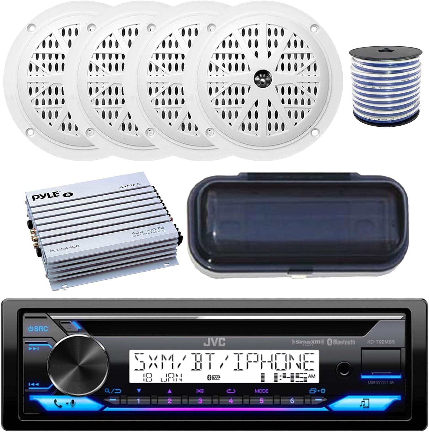 Single DIN Marine Bluetooth Stereo CD Receiver, 4x 5.25'' 100W 2-Way Full-Range White Audio Speakers, 4-Channel Amplifier, Radio Cover, Speaker Wire