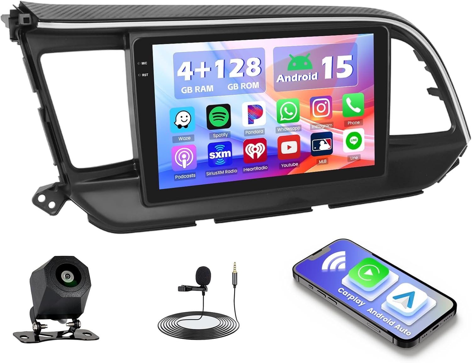 Hikity 4+128G Android Car Stereo forHyundai Elantra 2019 2020, 9”Incell Touchscreen Radio with CarPlay, Android Auto, Bluetooth, GPS Navigation, WiFi, FM, RDS + AHD Backup Camera