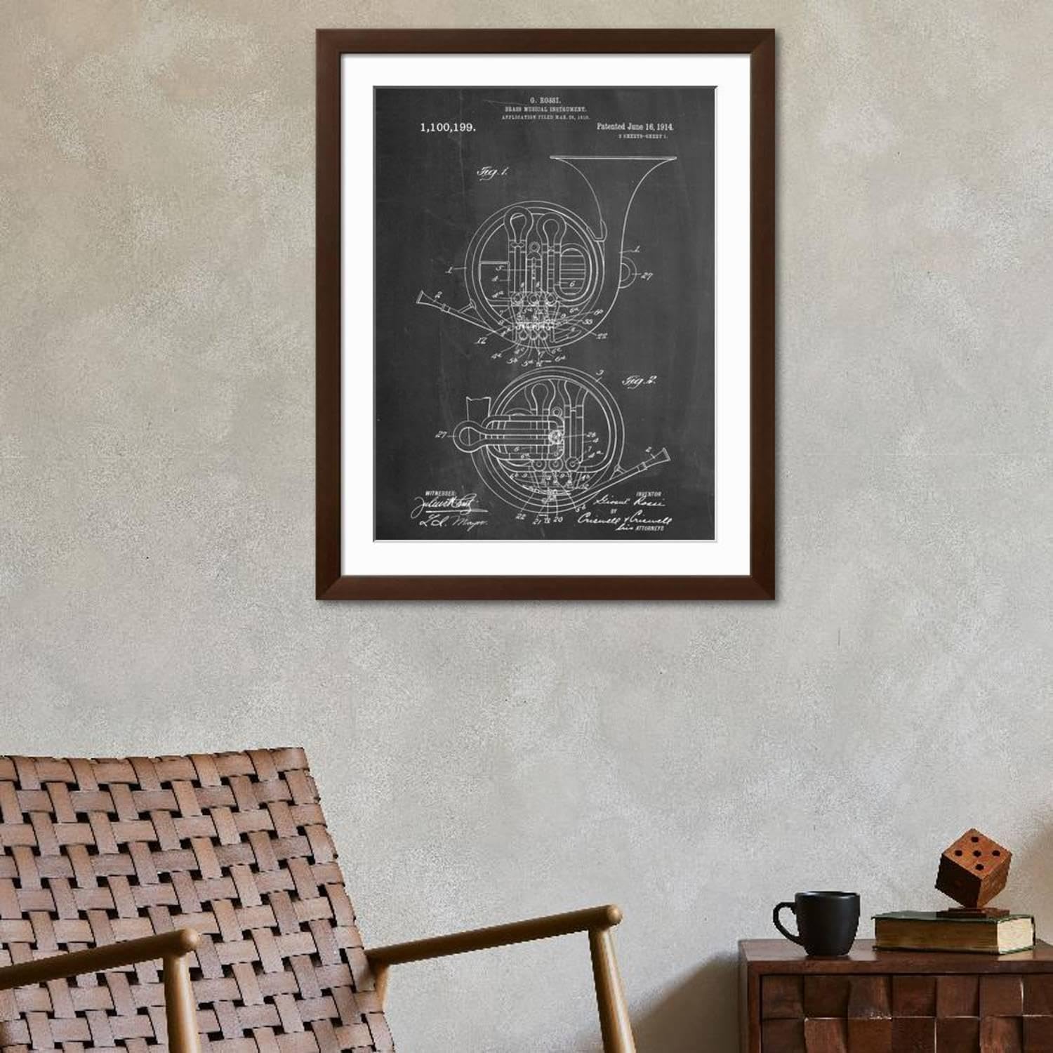 ART.COM Wall Art Print French Horn Instrument Patent on Brown Frame, 32