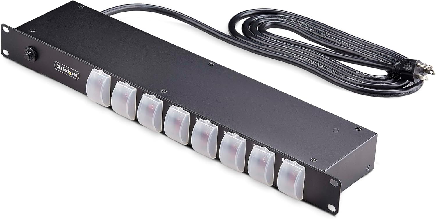 StarTech.com 8-Outlet Horizontal Rack Mount PDU, 1U Power Strip, Outlet On/Off Switches, 15A Breaker, 8ft/2.4m Cord NEMA 5-15, TAA