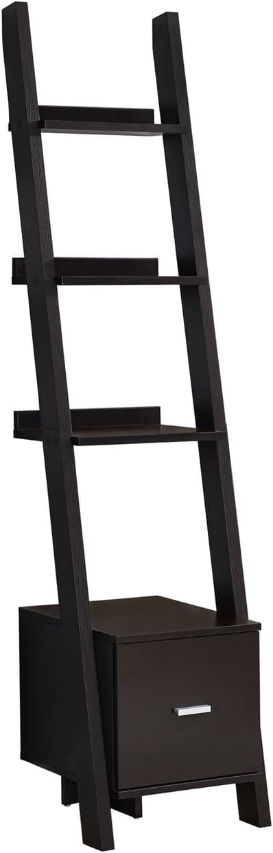 Bookshelf 69 Inch Ladder Bookcase Corner Etagere with 3 Fixed Staggered Shelves and Deep Drawer On Glides, Espresso Laminate Office Bedroom Storage, Space Saving Wall-Mountable