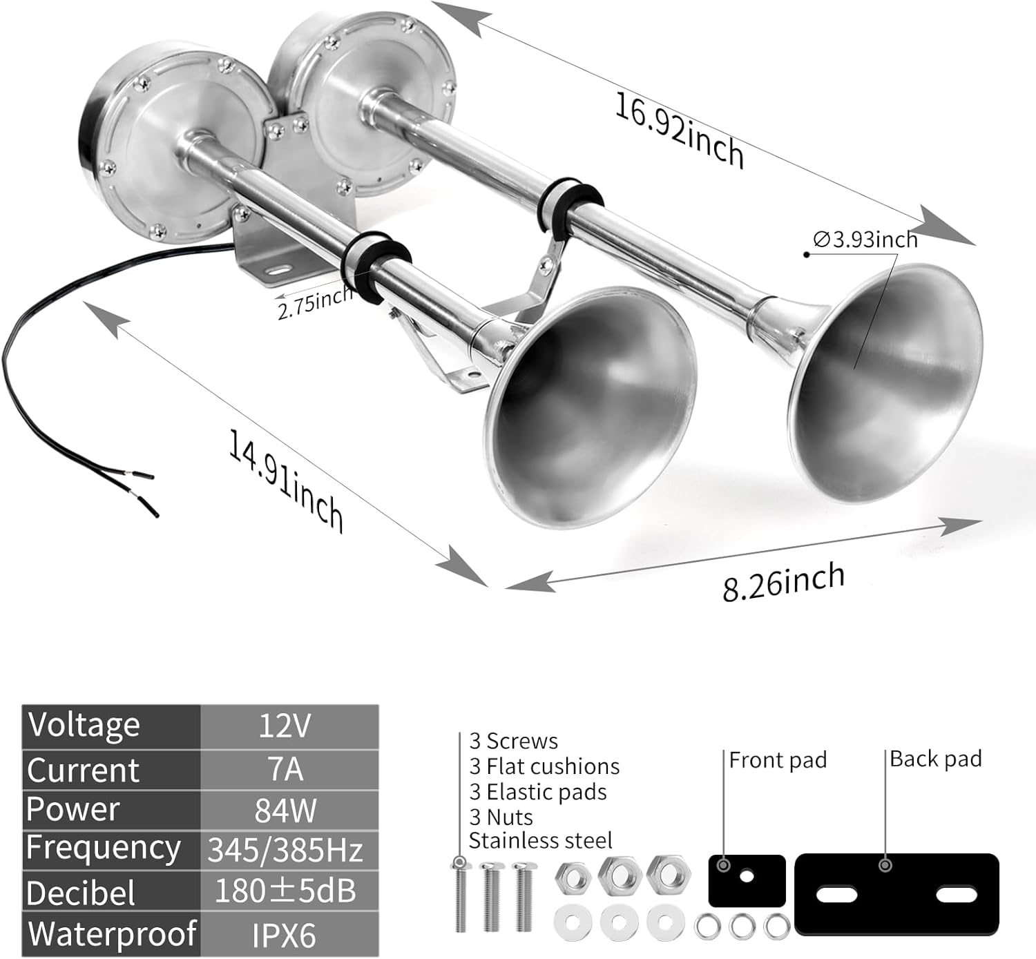 FARBIN Boat Horn 12V Waterproof Stainless Steel Trumpet Marine Horn,Electric Boat Horn for Boats Ship Sailboat Yacht Off-Road Vehicle Truck SUV RV Vans Touring Car (Stainless steel Double Tube)
