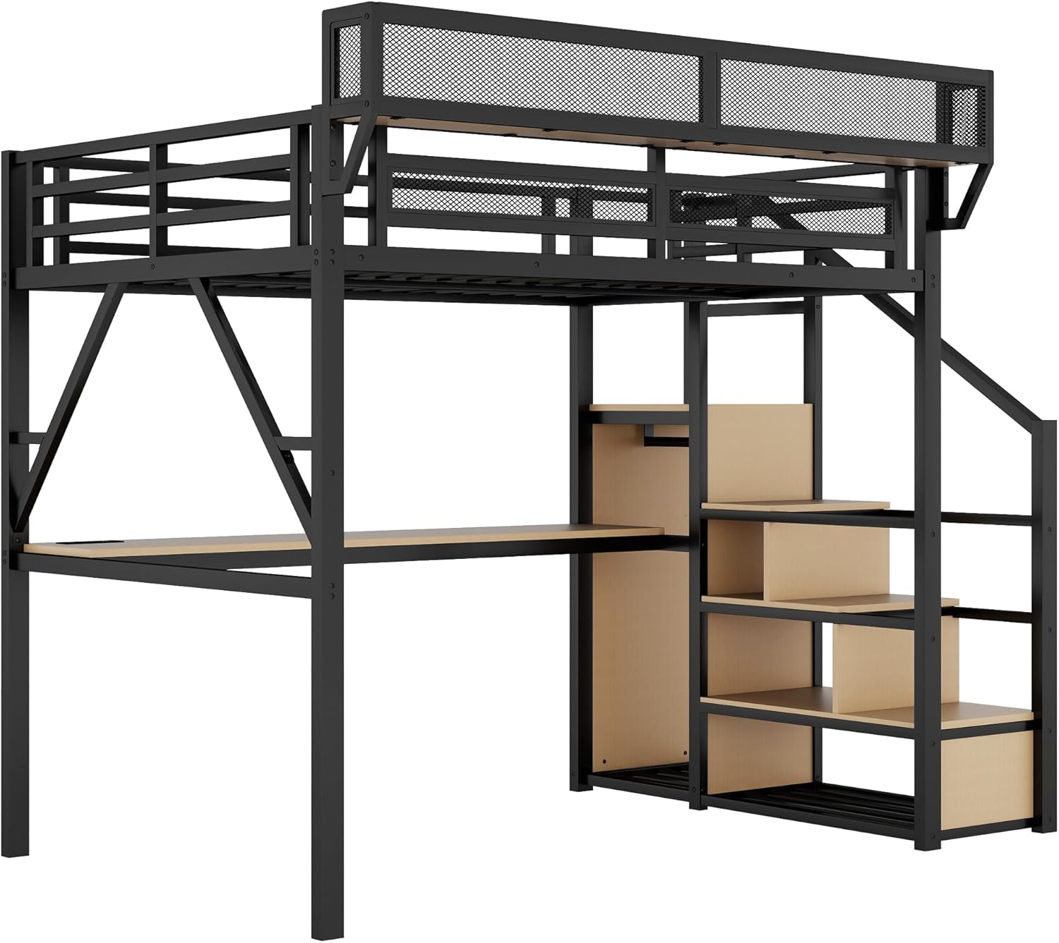 Full Loft Bed with Desk and Charging Station, Full Size Metal Loft Bed with Stairs and Light for Kids Teens, Black, Patent Products