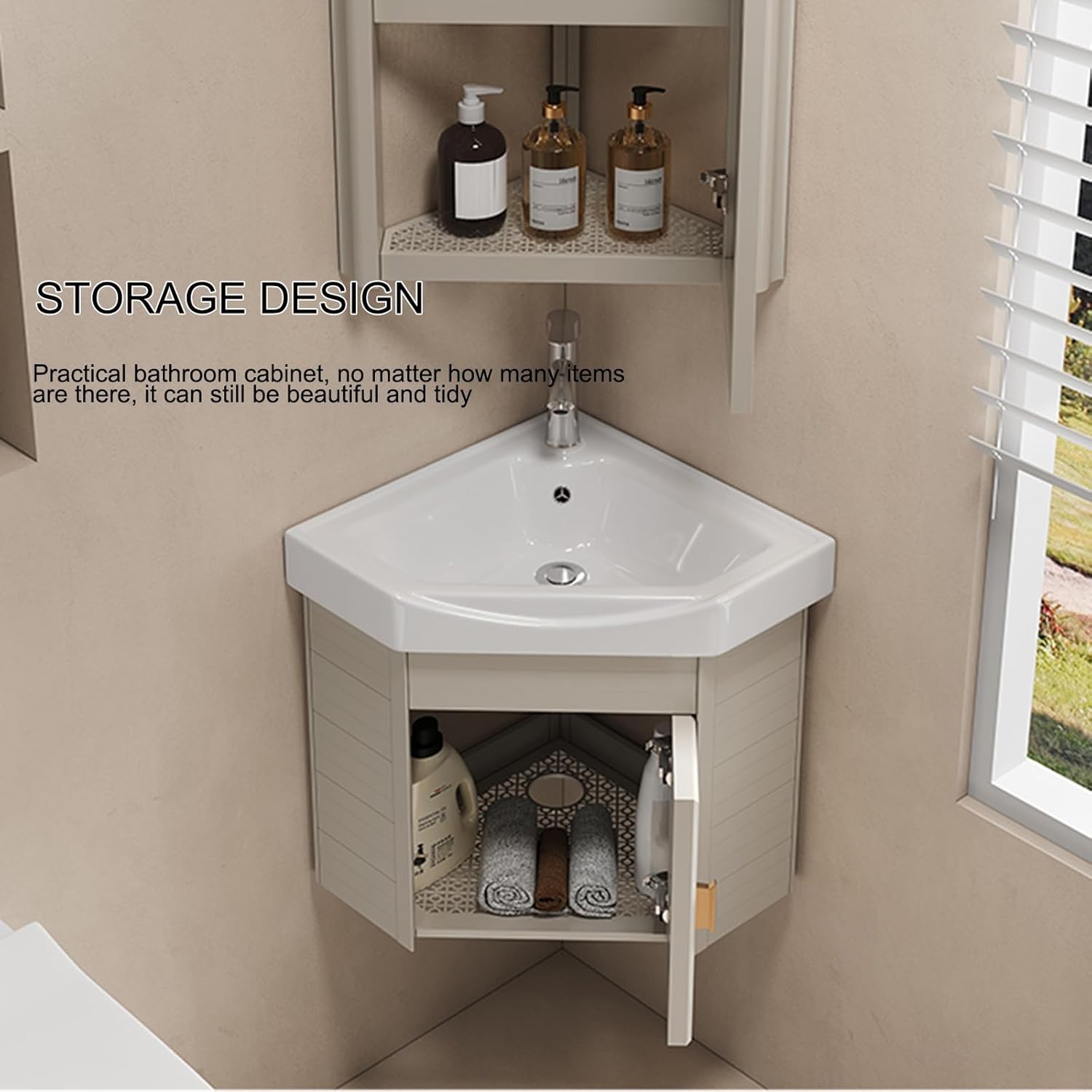 Small Wall Mount Corner Sink, Corner Pedestal Sink, Ceramic Sink, with Drain Kit, for Bathroom, Laundry Room, Living Room, Balcony (Grey 43CM)