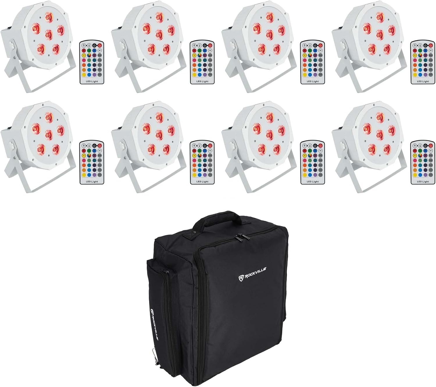 (8) Rockville Battery PAR 6RF White Rechargeable Wireless DMX Lights+Backpack
