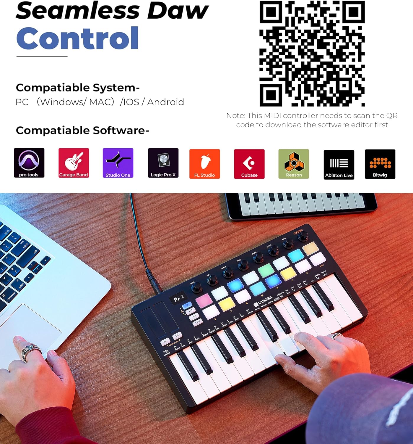 Vangoa Wireless MIDI Beat Maker & Mixer: 25-Key Pad and 16 RGB Drum Pads for Music Production