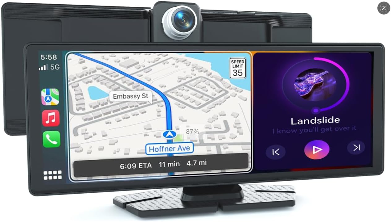 10.26“ Wireless CarPlay & Android Auto Portable Car Display, Bluetooth & Wireless FM Transmitter, Easy Install, HD Touchscreen Dashboard Mounted Car Player