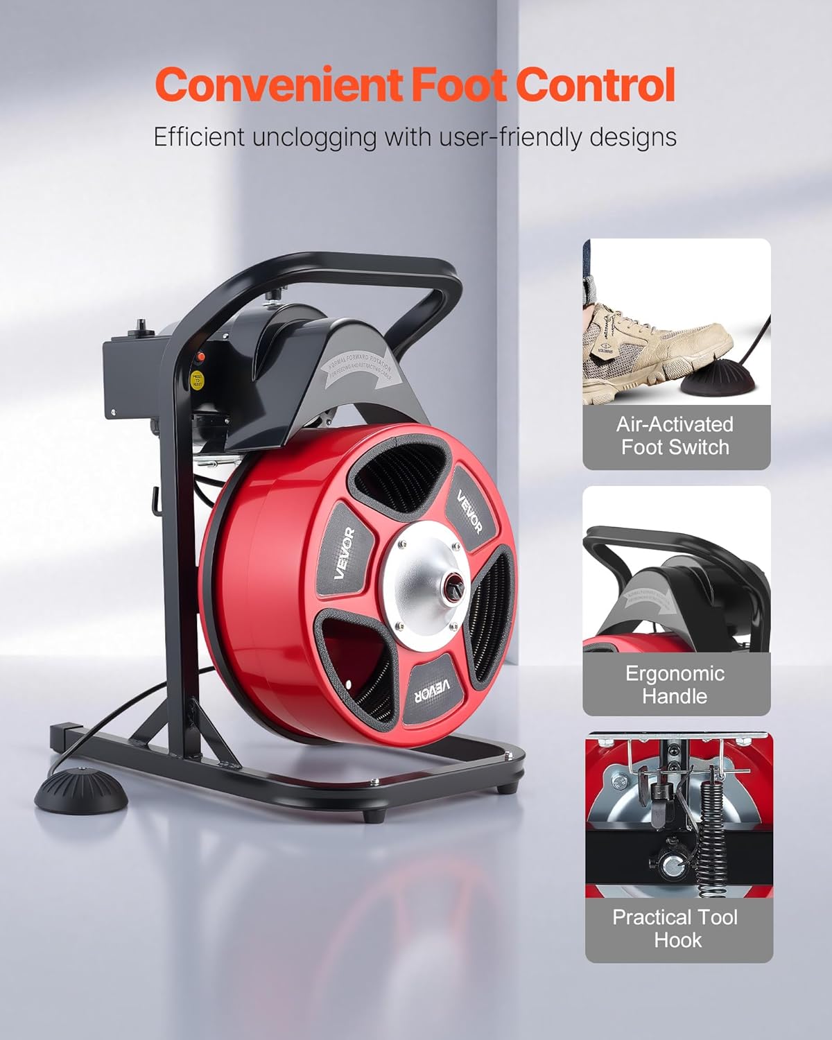 VEVOR Drain Cleaner Machine 50 FT x 1/2 Inch, Manual Feed Sewer Snake Auger with 4 Cutters & Air-Activated Foot Switch for 2