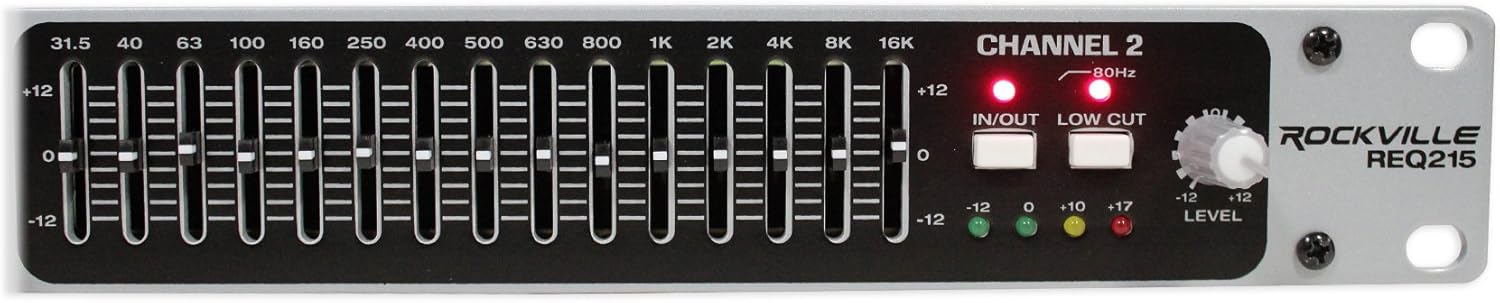 Rockville REQ215 Dual 15 Band 1/3 Octave Graphic Equalizer, Subwoofer Output, Low-Cut Filter, XLR Connectivity, for Home Audio and Live Sound
