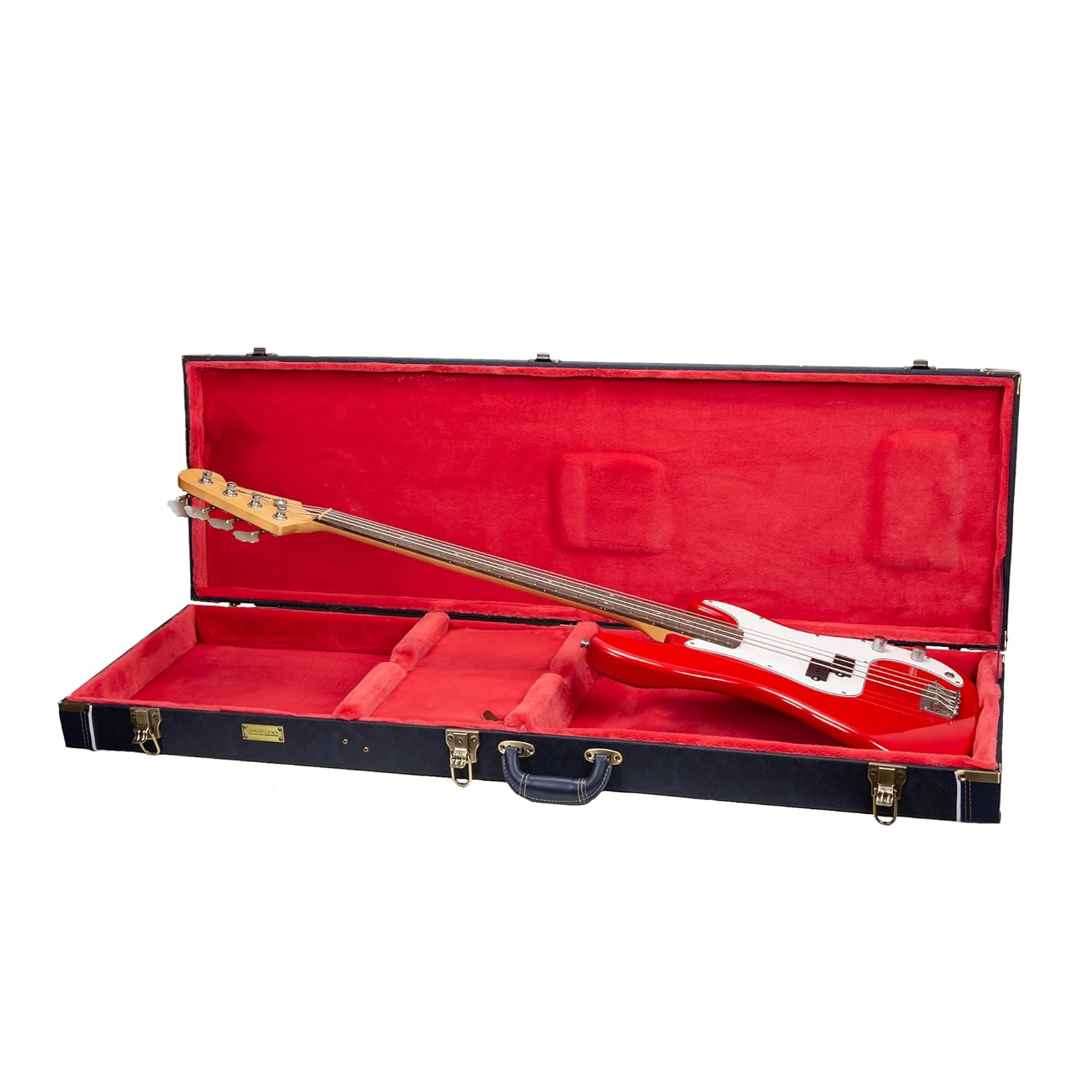 Crossrock Relief Series Bass Guitar Case for Fender Precision & Jazz | Carved Ocean Blue Finish, Deep Scarlett Velvet Interior, Lock – Premium Wooden Hardshell