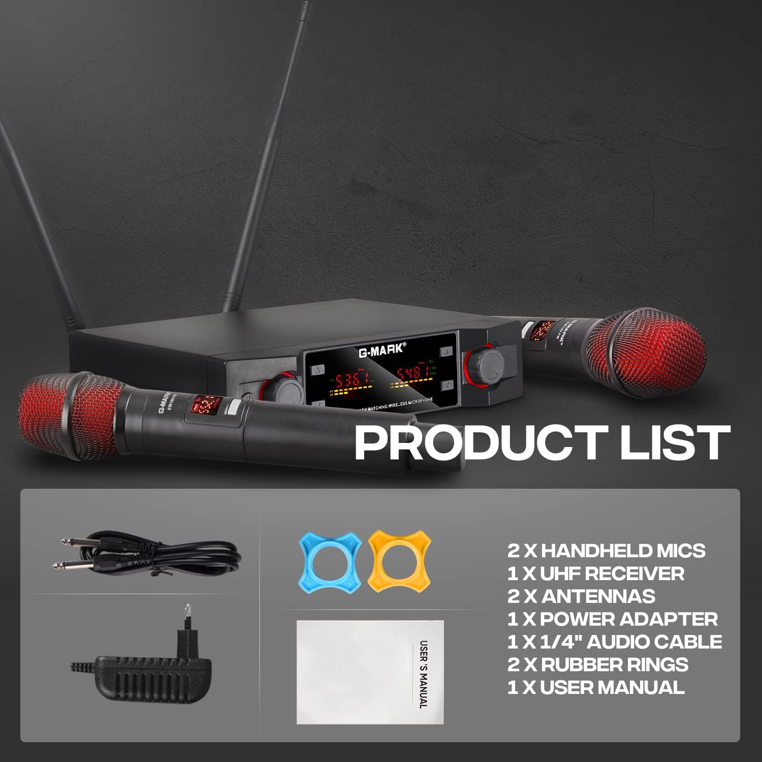 G-MARK Wireless Microphones, Professional Dual UHF Cordless Dynamic Mic Handheld Microphone System for Karaoke, Singing, Meeting, Party, Church, DJ, Wedding, Home KTV Set, 200ft(EW100)