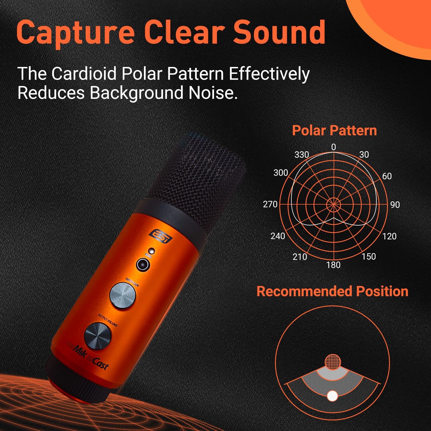 ESI cosMik uCast | USB Microphone, Cardioid Condenser Computer Microphone for Gaming, Streaming, Podcasting, 2m USB-C Cable, Mute Button, Built-in Headphone Jack, Gain Control, USB Mic for PC & Mac