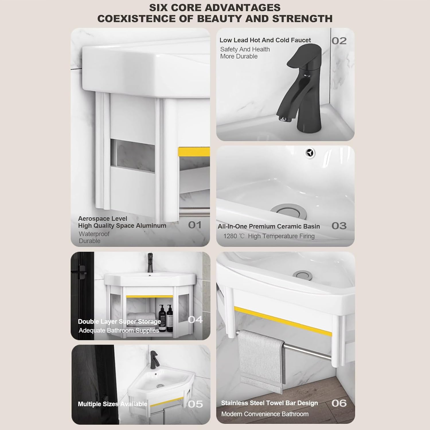 Wall Mount Corner Sink Ceramic Vessel Sink Small Corner Sink with Cold and Hot Water Pipe Faucet and Drain Towel Bar for Farmhouse Cloakroom Small Bathroom Corner Bathroom Sink. ( Size : 58x48x24cm )