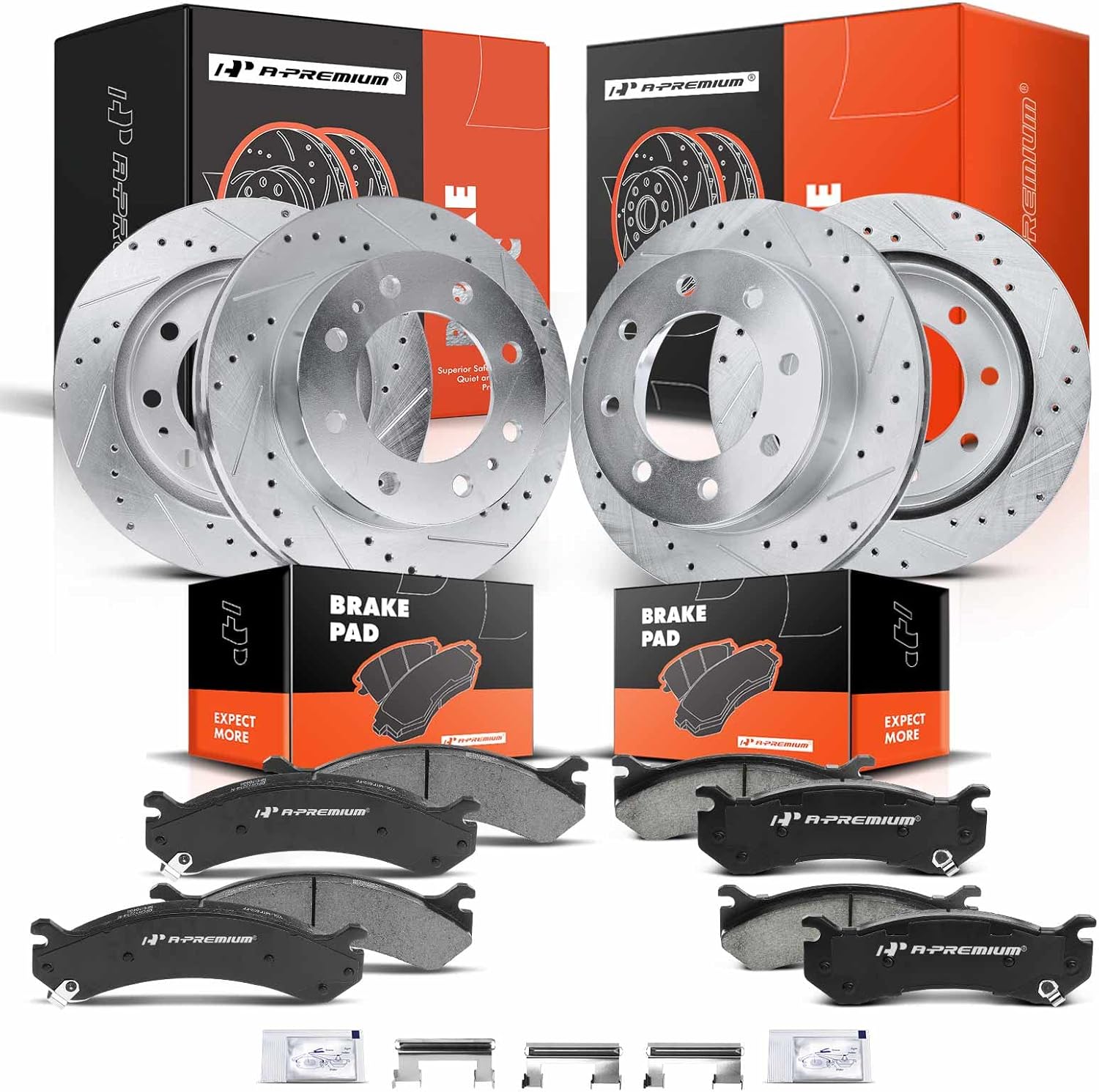 A-Premium Front and Rear Drilled and Slotted Disc Brake Rotors + Ceramic Pads Kit Compatible with Select Chevy, GMC and Hummer Models - Silverado/Sierra 1500/2500 HD, Suburban 2500, H2, Yukon XL 2500