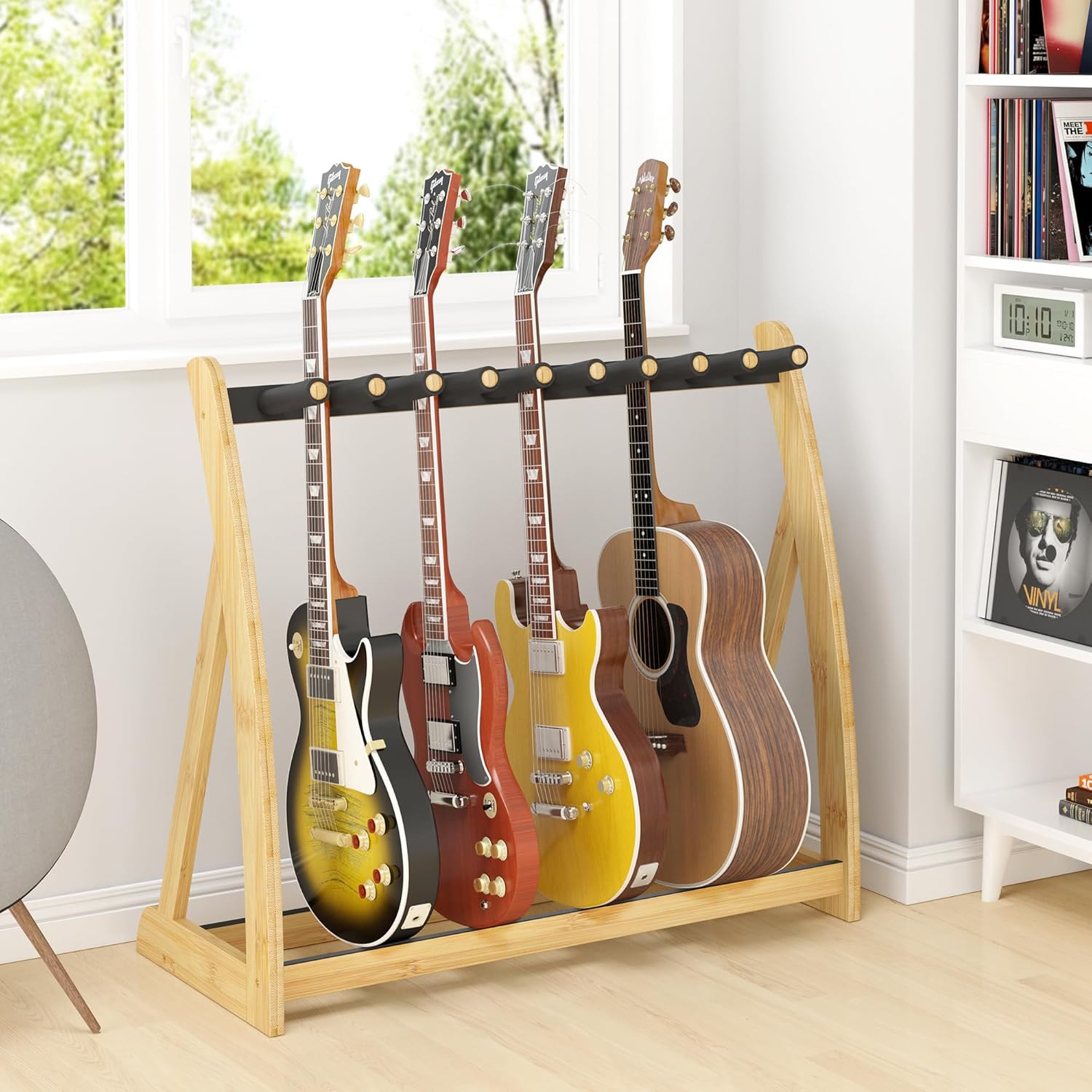 Guitar Stand Rack, Multi-Guitar Display Rack Adjustable Bamboo Guitars Holder Electric Guitar Stands Floor Storage for Bass Acoustic, Home Studio, Band Stage