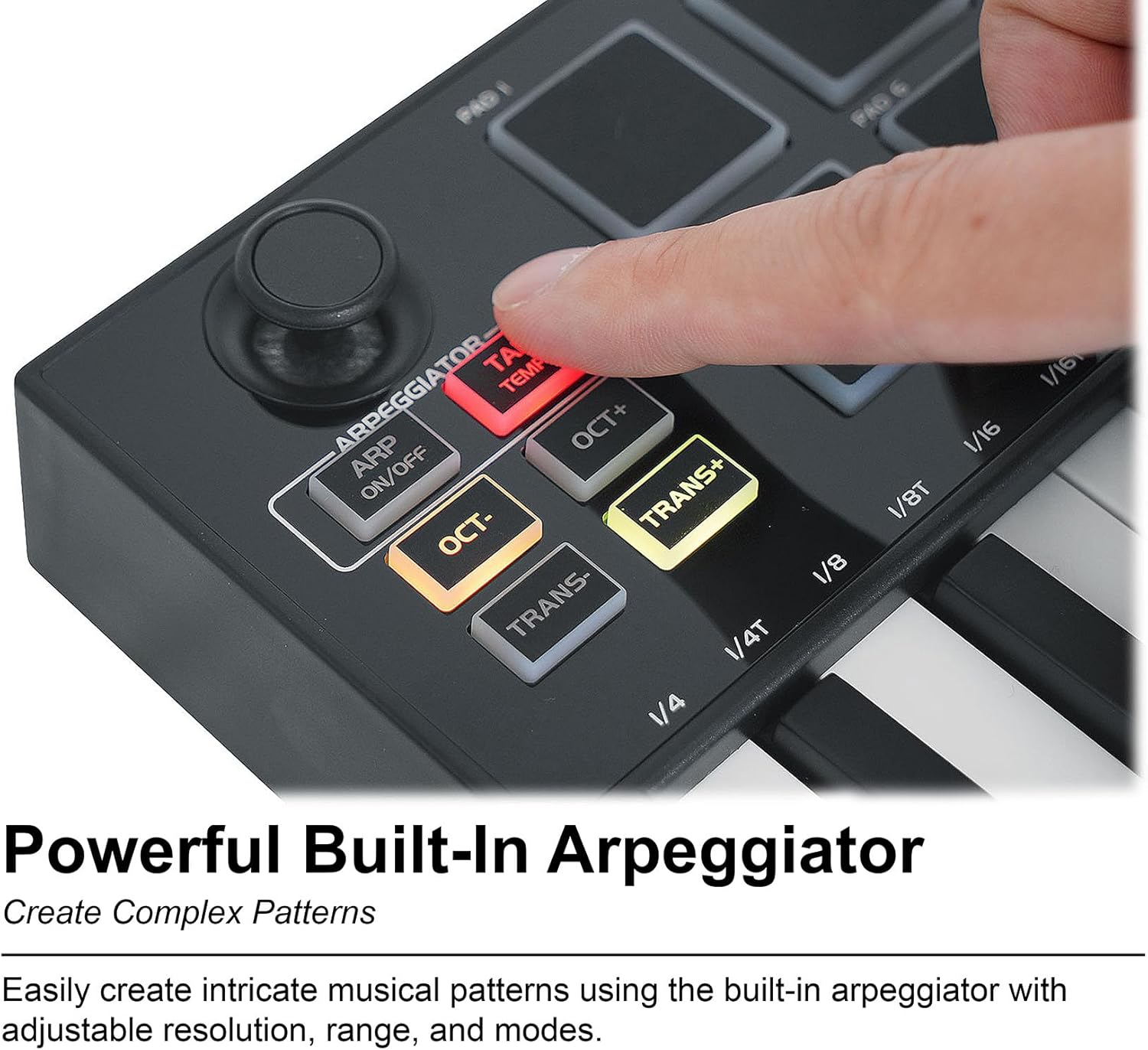 Rockville M25 BLACK 25 Key USB Wireless MIDI Keyboard Controller, Bluetooth, 8 Pads and Knobs, Joystick, Arpeggiator, Compact, for Music Production