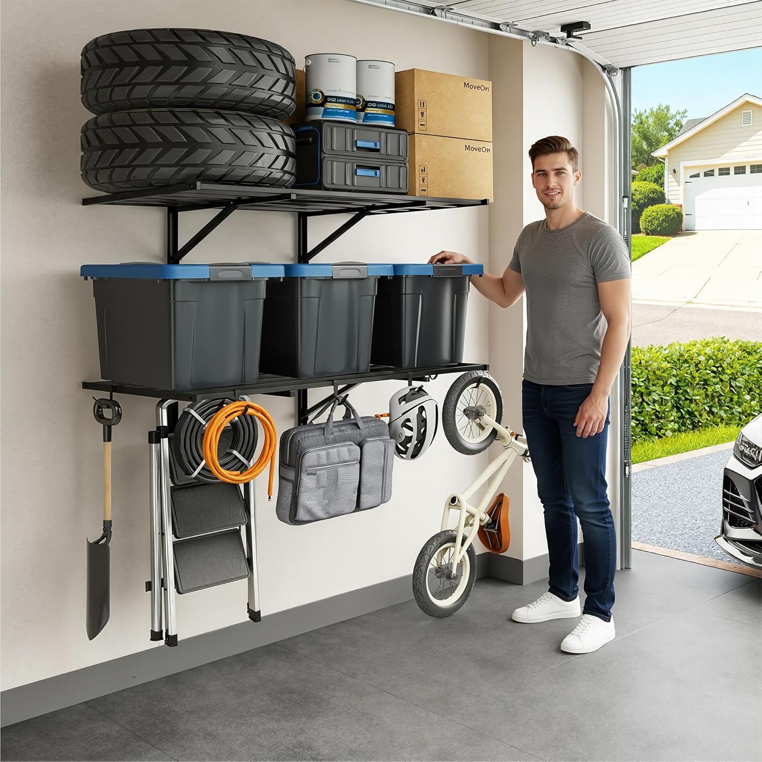 FLEXIMOUNTS 2-Pack 2x4ft Heavy Duty Garage Wall Shelving, 800lbs Capacity, Garage Shelving Wall Mounted with 8 Hooks for Power Tools, Garden Supplies, Storage Bins, Pro Series