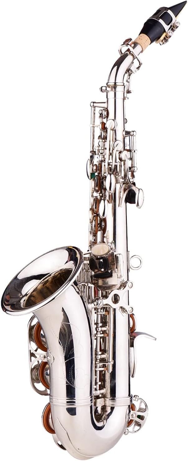 Sax Beginners Kit Brass Gold and Silver Sax Carve Pattern Bb Bend Althorn Soprano Saxophone Sax Pearl White Shell Buttons Wind Instruments Wind Instrument (Color : Silver)