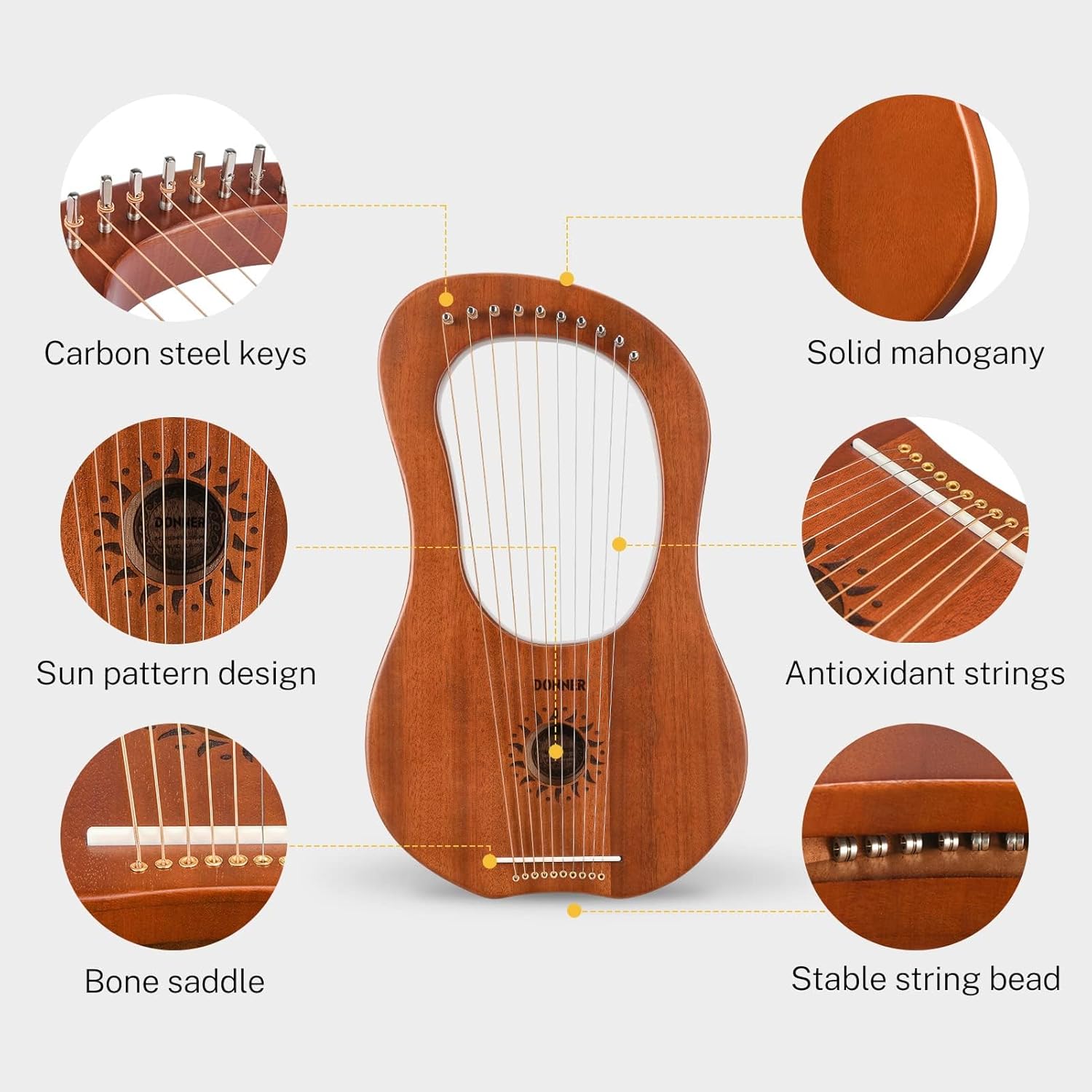 Donner Lyre Harp, 10 Metal Strings, Mahogany Body and Bone Saddle DLH-002 Lyre Harp for Beginner Kids with Tuning Wrench, Spare String Set, Black Gig Bag, Manual, Ancient Greece Style