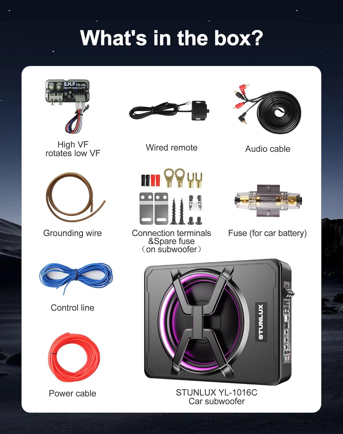 800W Slim Under Seat Powered Car Subwoofer Kit with Colorful LED Light,High/Low Level Input, Built-In Amplifier, And Car/Truck Audio System for Ultimate Sound Performance – Subwoofer and Amp Package