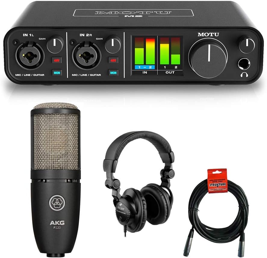 Motu M2 2x2 USB Audio Interface with AKG Project Studio P220 Condenser Mic, HPC-A30 Studio Monitor Headphones & XLR Cable Bundle