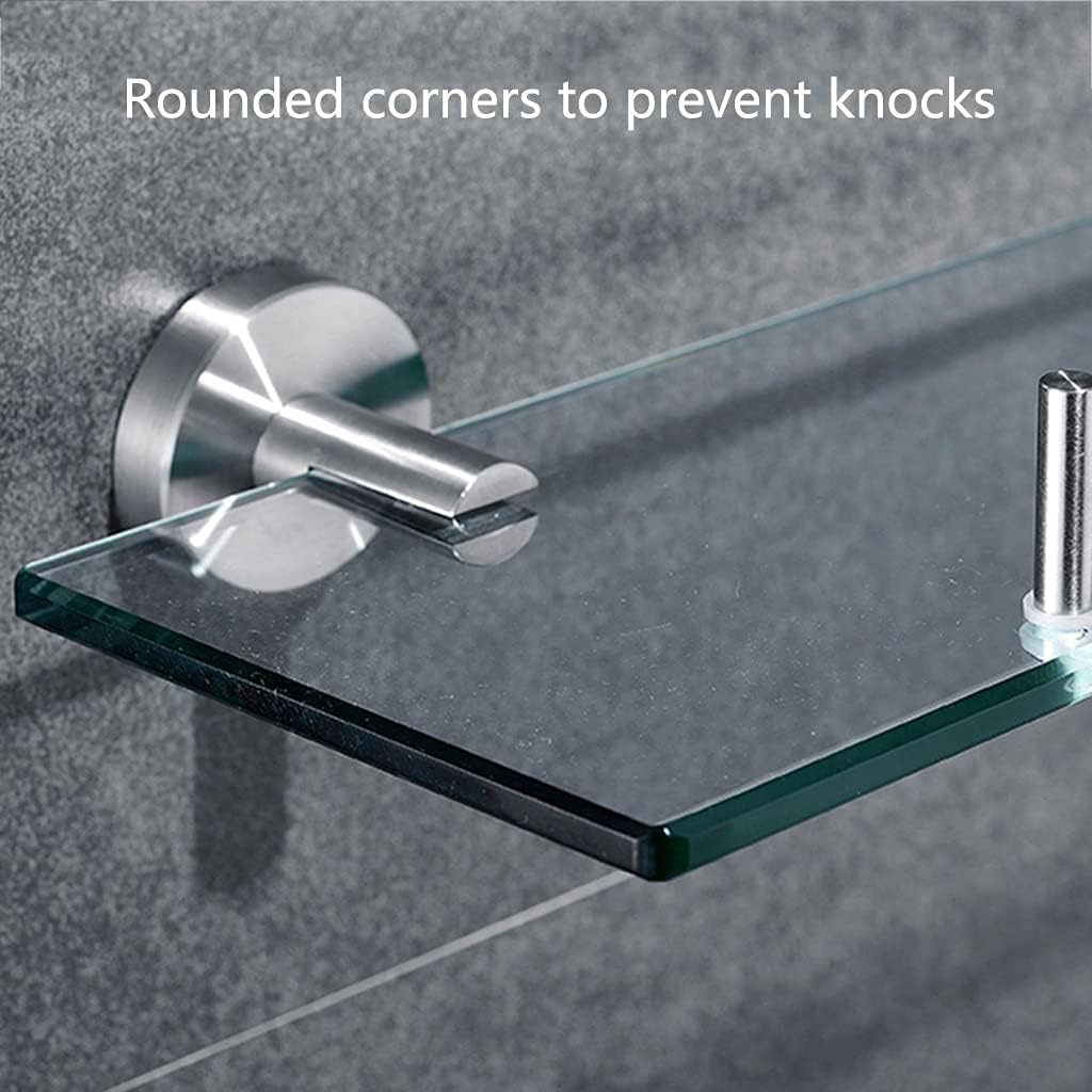 Storage Shelves， Brushed Stainless Steel Glass Shelf， Wall Mount Floating Shelf， Rounded Corners， Waterproof， Easy to Clean， fo，