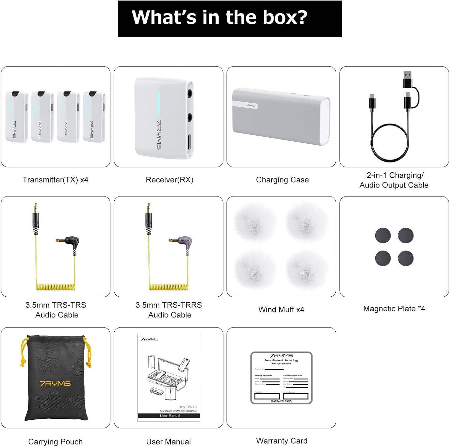 7RYMS iRay DW40 Wireless Lavalier Microphone with Four Transmitters One Charging Case Support AI Denoise, 48kHz/24bit Recording for Video Vlog, Interview, Live Streaming, Podcasting-White