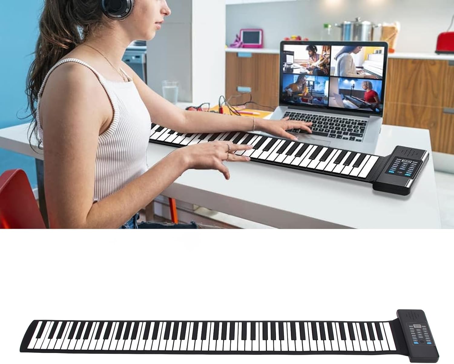 88 Keys Roll Up Piano, Electronic Hand Roll Piano with 128 Rhythms & Tones, USB Rechargeable Digital Piano Keyboard with MIDI Function, LED Digital Display, for Kids, Beginners